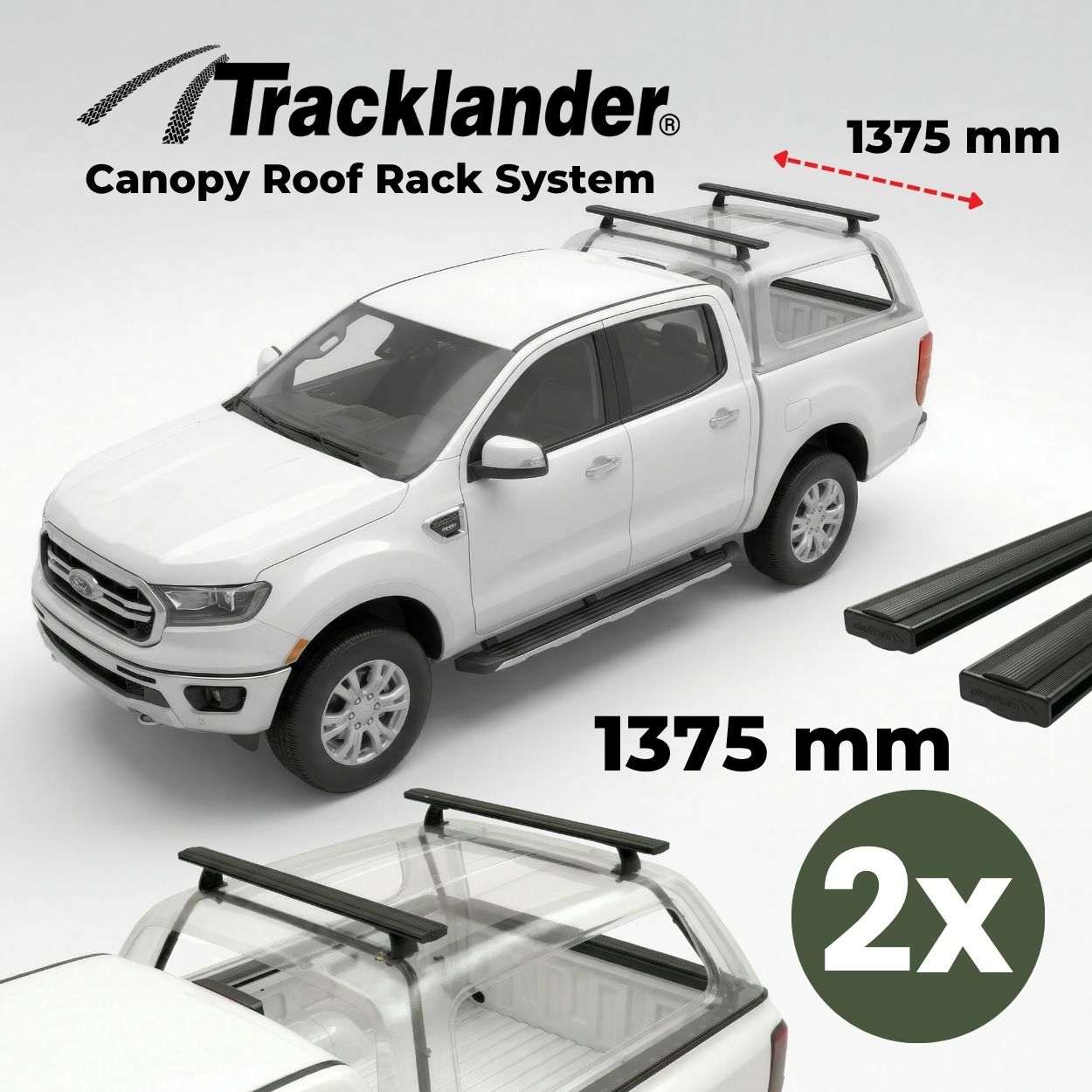 Ford Ranger Canopy Roof Rack System with 2x 1375mm Bush Rider Bars & Internal Canopy Support Frames